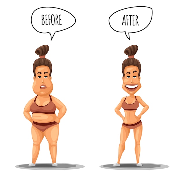 Vector gratuito mujer perfecta. chica antes y después de la ilustración de pérdida de peso. mujer con sobrepeso amd mujer con figura perfecta de cuerpo