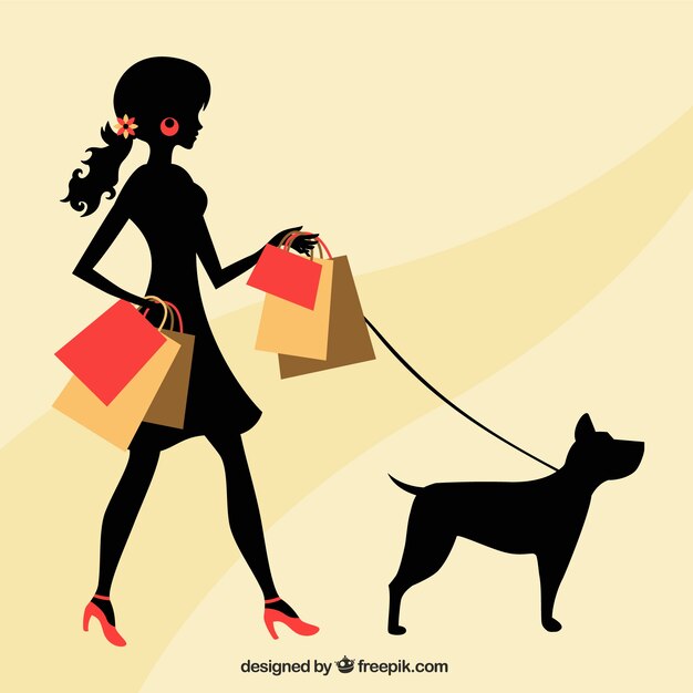 Mujer con un perro y bolsas de compras