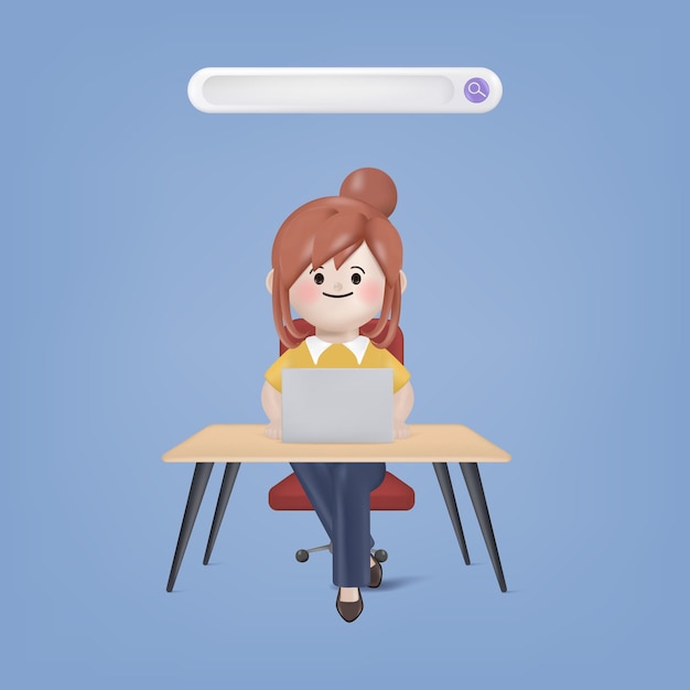 mujer de personaje de dibujos animados 3d que trabaja con una computadora portátil y un diseño de vector de ilustración de barra de búsqueda