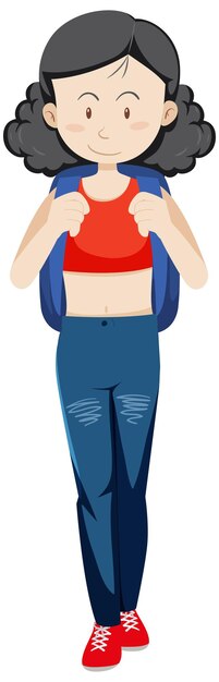 Una mujer con un personaje de dibujos animados de ropa de viaje