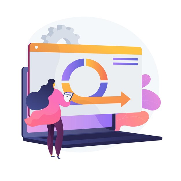 Mujer con personaje de dibujos animados de software. Proceso de trabajo, análisis de flujo de trabajo, pruebas de plataforma de Internet. Programadora, analista financiera profesional. Ilustración de metáfora de concepto aislado de vector
