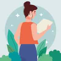 Vector gratuito mujer de pie leyendo un documento con hojas