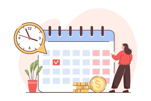 Mujer plana con calendario de pago de facturas financieras personales
