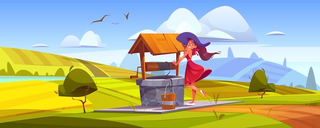 Vector gratuito mujer en el pozo de la aldea, joven feliz con un balde viene a tomar agua potable en un antiguo sumidero de piedra en una colina verde con campos de cultivo alrededor. paisaje rural de día de verano, ilustración vectorial de dibujos animados