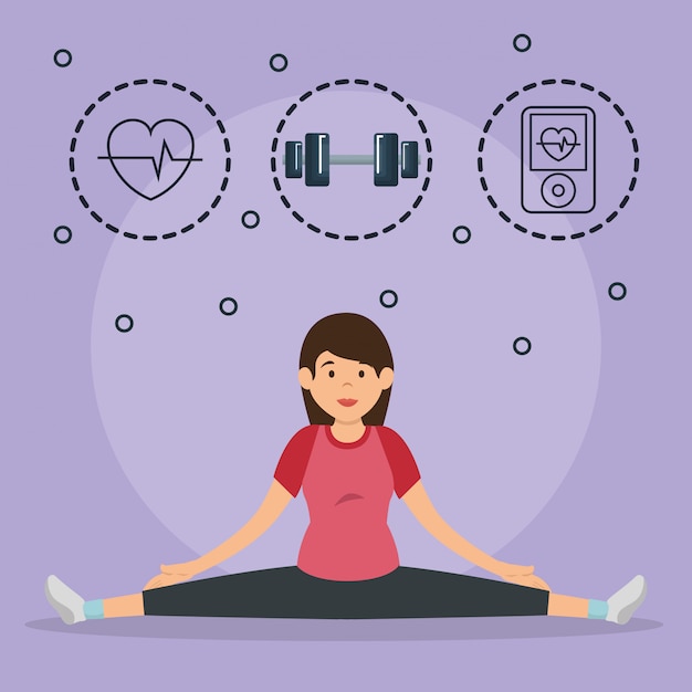 Mujer practicando ejercicio con iconos de deportes