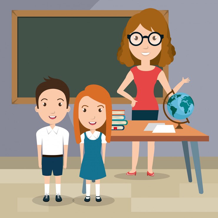 Vector gratuito mujer profesora con alumnos en el aula