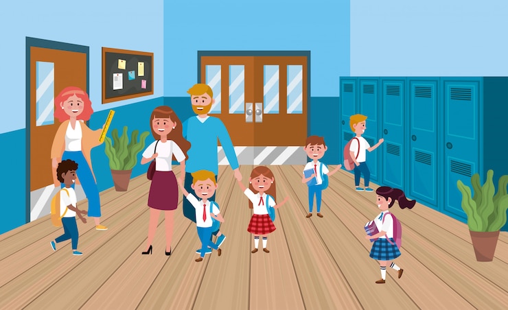 Vector gratuito mujer profesora con madre y padre con alumnos.