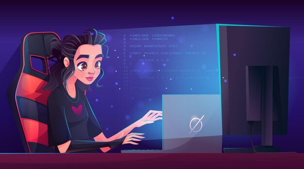 Mujer programadora trabajando en computadora por la noche