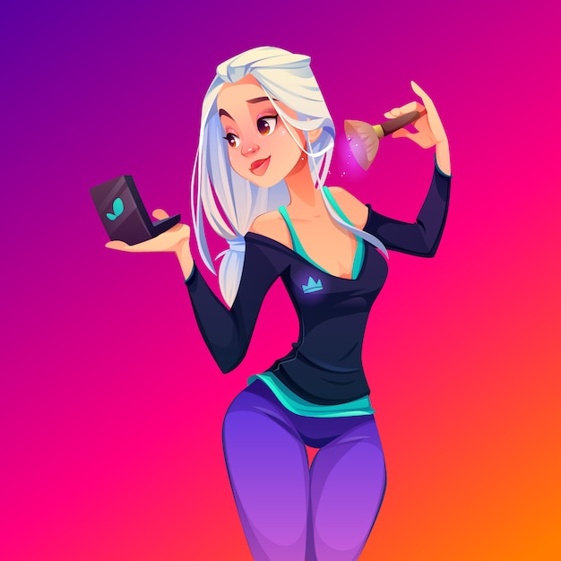 La mujer que aplica maquillaje puso el polvo seco en la ilustración de dibujos animados de la cara