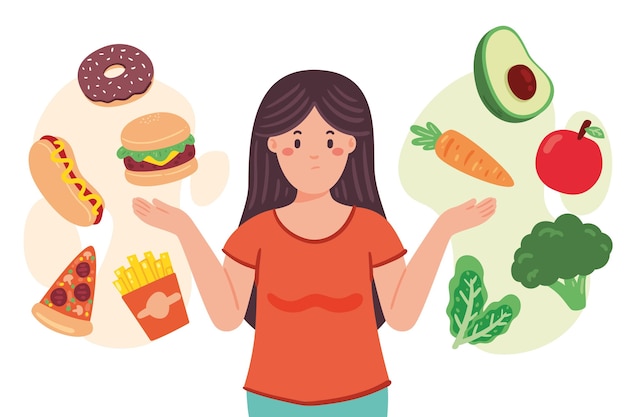 Mujer que elige entre la ilustración de alimentos saludables o no saludables