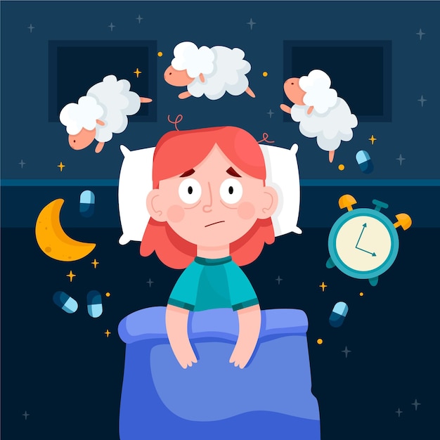 Vector gratuito mujer que tiene problemas para dormir ilustrada