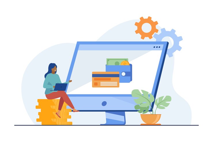 Vector gratuito mujer que trabaja en línea y obtiene ganancias.