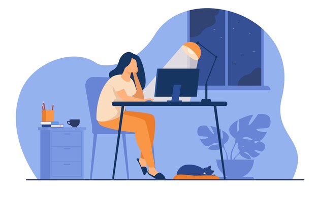 Mujer que trabaja por la noche en la oficina en casa aislado ilustración vectorial plana. Estudiante de dibujos animados aprendiendo a través de computadora o diseñador tarde en el trabajo.