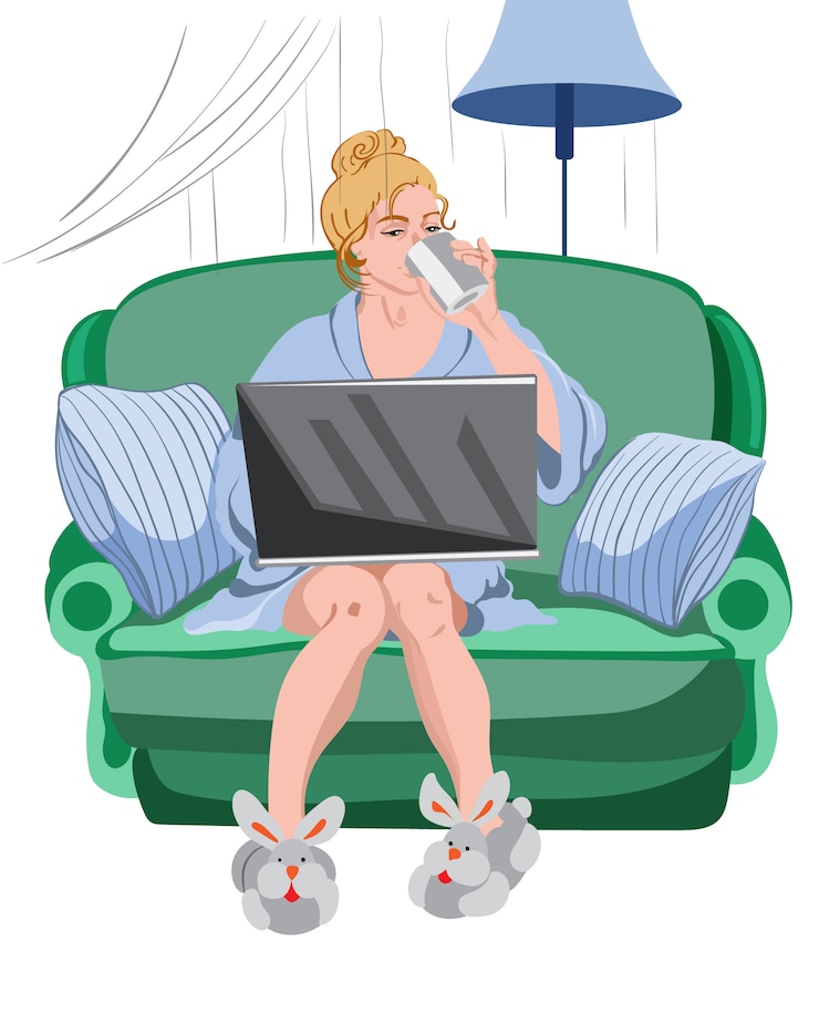 Vector gratuito mujer que trabaja desde su casa en una computadora portátil.
