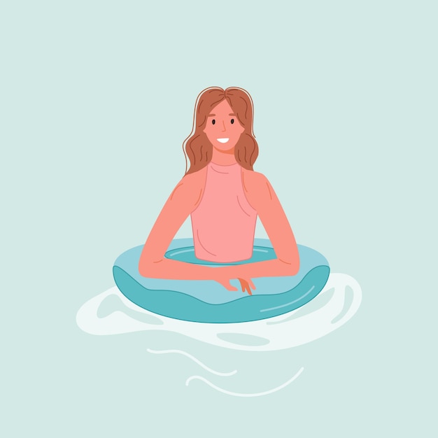 Vector gratuito mujer relajada flotando en un anillo inflable en aguas azules suaves