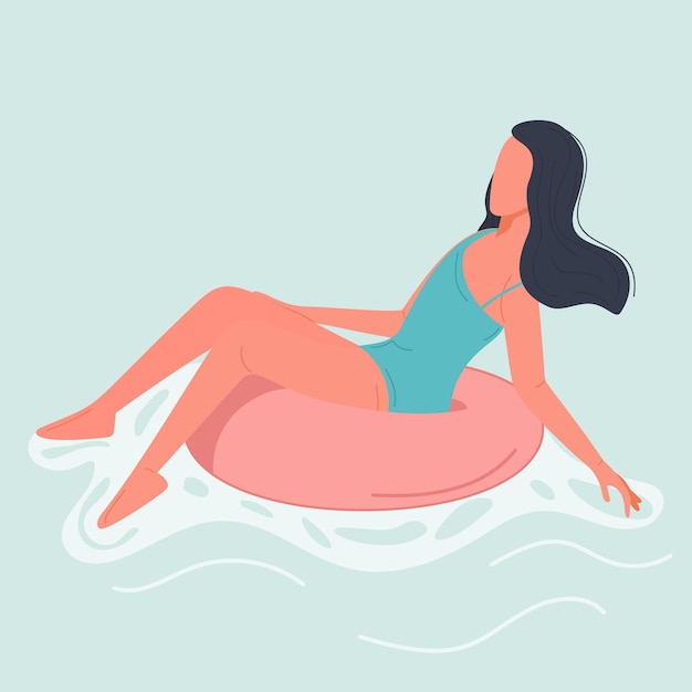 Mujer relajándose en un anillo inflable en una ilustración de agua azul serena