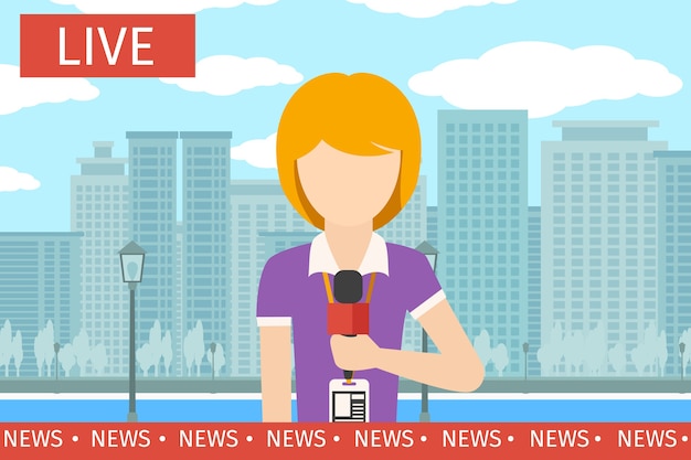 Vector gratuito mujer reportera de noticias. medios de comunicación, televisión y micrófono, transmisión de televisión, ilustración de vector de comunicación profesional