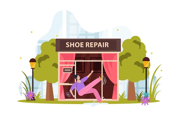 Vector gratuito mujer resbalando en un charco y cayendo frente a la entrada de la tienda de reparación de zapatos ilustración vectorial plana