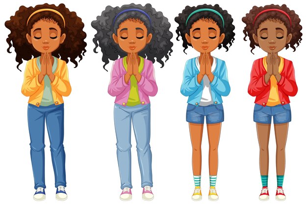 Mujer rezando con el pelo rizado Una ilustración vectorial