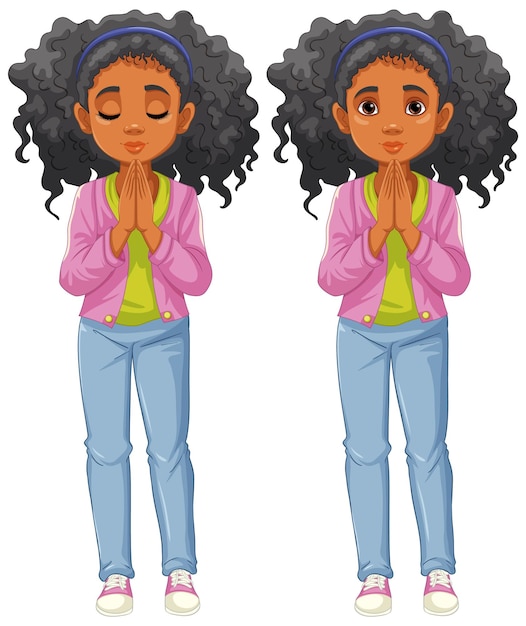 Mujer rezando con el pelo rizado Una ilustración vectorial