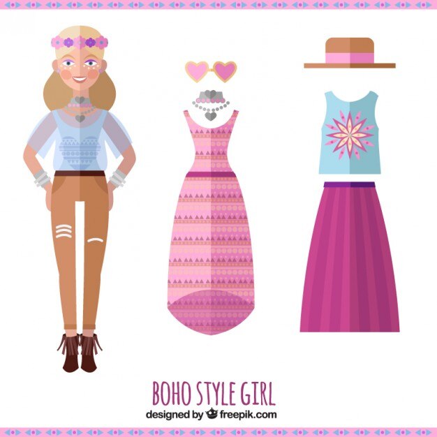 Mujer con ropa boho y otros elementos en diseño plano