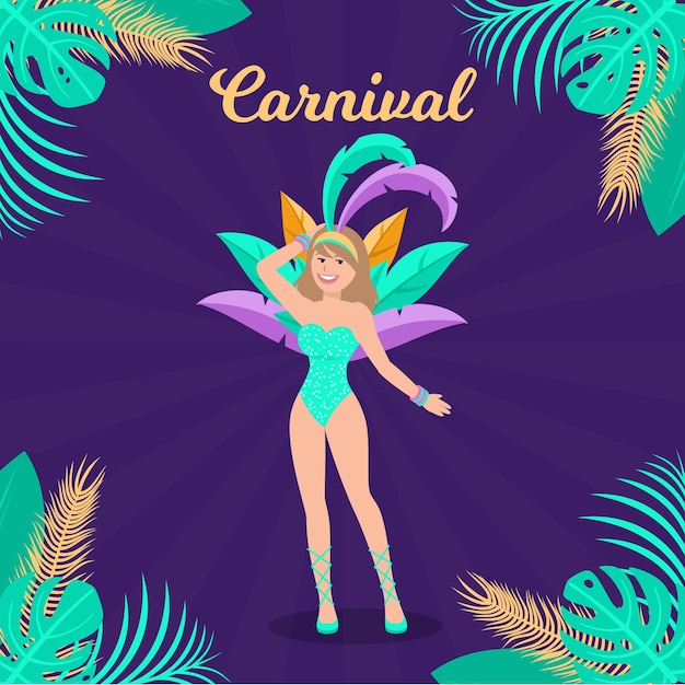 Vector gratuito mujer en ropa de fiesta y plumas de carnaval plano