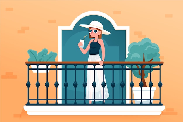 Mujer en ropa de verano en casa balcón