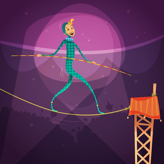 Mujer de Ropewalker con un traje con un palo y una cuerda en la ilustración de vector de dibujos animados de circo