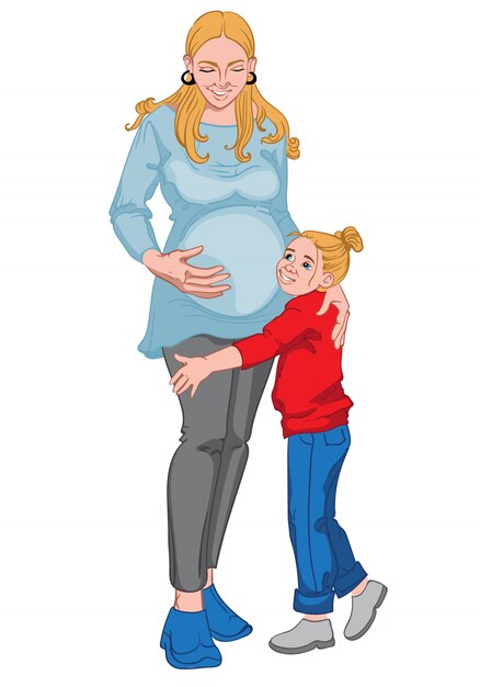 Mujer rubia embarazada con su pequeña niña. Familia feliz