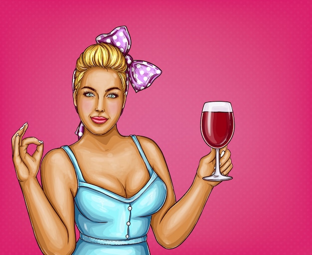 Vector gratuito la mujer rubia con sobrepeso tiene vaso de vino. señora gorda en blusa azul, nudo de arco.