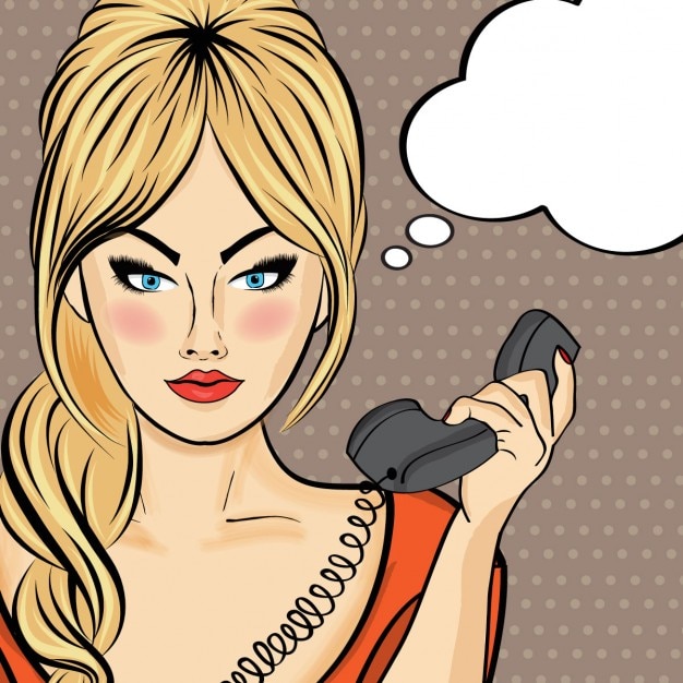 Vector gratuito mujer rubia con un teléfono, estilo comic