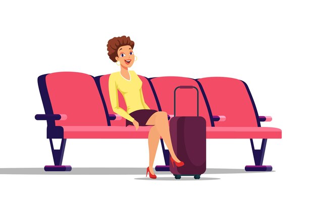 mujer, en, sala de espera, ilustración, niña, sentado, en, sillones, en, aeropuerto, estación de tren