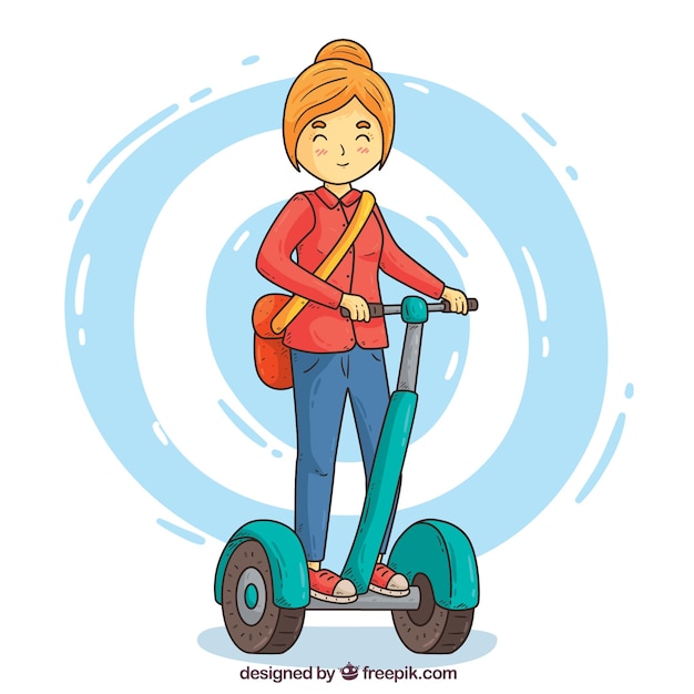 Vector gratuito mujer con segway dibujado a mano