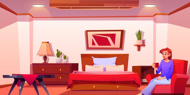 Vector gratuito mujer sentada en el dormitorio de la casa roja con muebles escena interior de la habitación moderna con manta de almohada de cama y lámpara ambiente cómodo para dormir con cactus y planta en maceta para personaje femenino