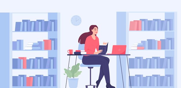 Mujer sentada en el escritorio con un libro en la sala de lectura. Señora estudiando o aprendiendo en la mesa, biblioteca interior ilustración vectorial plana. Literatura, concepto educativo para banner, diseño de sitio web o página de destino