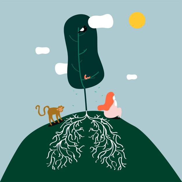 Mujer sentada junto al árbol con largas raíces ilustración