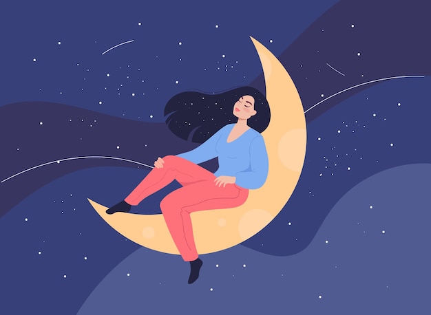Mujer sentada en la luna creciente con los ojos cerrados. Persona tranquila que tiene un buen sueño profundo, relajante y descansando ilustración vectorial plana. Noche, ciclo de sueño REM, concepto de bienestar