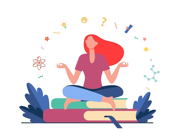 Mujer sentada y meditando sobre la pila de libros. estudiante, estudio, aprendizaje de ilustración vectorial plana. educación y conocimiento