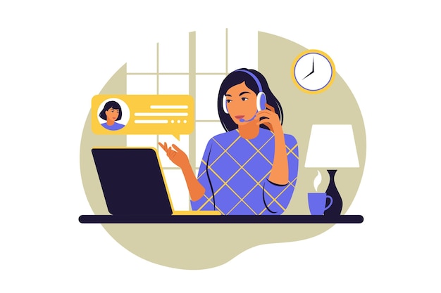 Mujer sentada mesa con ordenador portátil. trabajando en una computadora. freelance, educación en línea, estudio o concepto de redes sociales. ilustración vectorial. plano. Vector Premium 