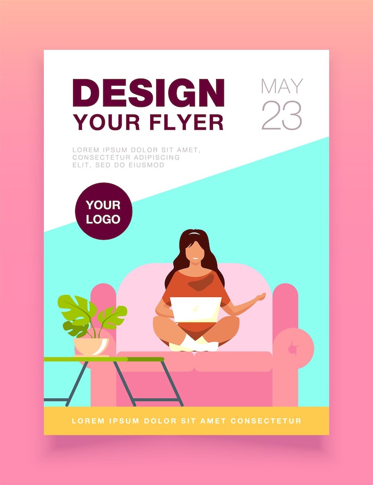 Vector gratuito mujer sentada en el sofá con computadora portátil y sonriente plantilla de volante