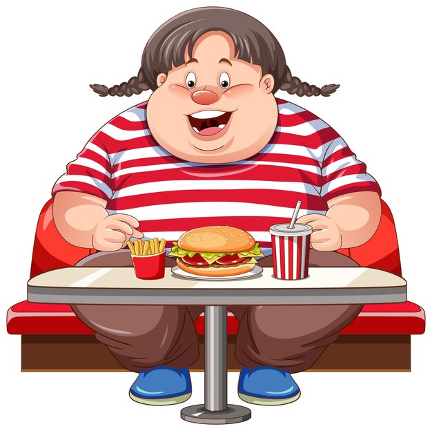 Mujer con sobrepeso comiendo comida rápida en la mesa aislada