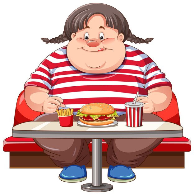 Mujer con sobrepeso comiendo comida rápida en el restaurante aislado