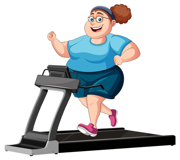 Mujer con sobrepeso corriendo en cinta de correr una ilustración vectorial