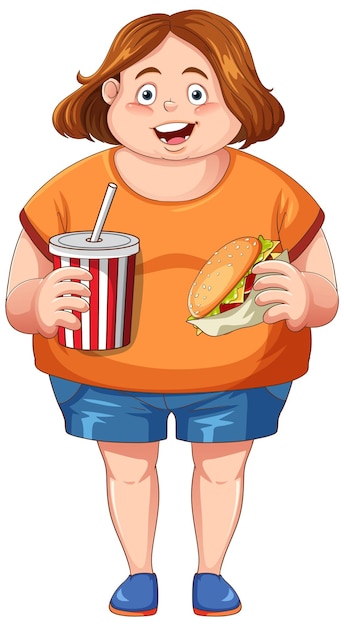 Mujer con sobrepeso que sostiene el personaje de dibujos animados de comida rápida