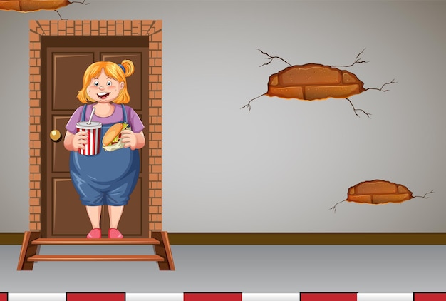Vector gratuito mujer con sobrepeso sosteniendo comida rápida frente a la puerta de la casa