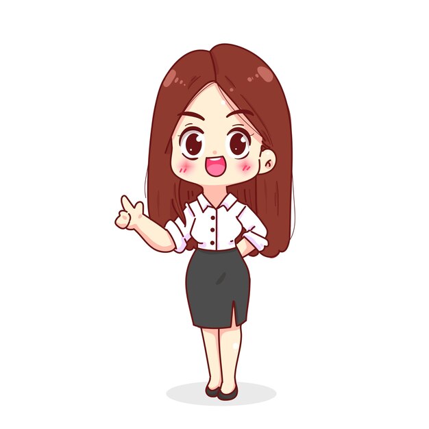 Mujer sonriendo y apuntando al espacio de copia vacío personaje de mujer de negocios dibujado a mano ilustración de dibujos animados