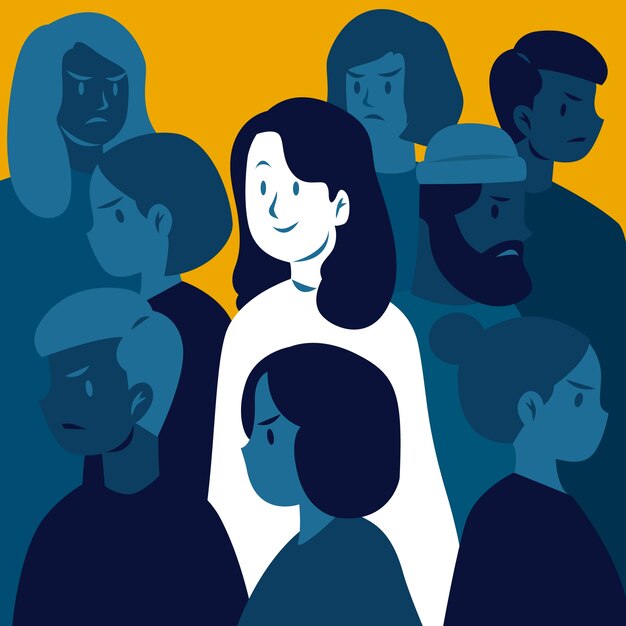 Mujer sonriendo felizmente en multitud