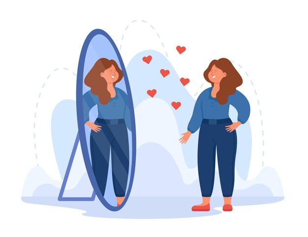 Mujer sonriente feliz admirando el hermoso reflejo en el espejo. Orgulloso de la belleza y la confianza en sí mismo como una bonita ilustración de vector plano de personaje femenino. Narcisismo, amor propio, concepto de psicología.