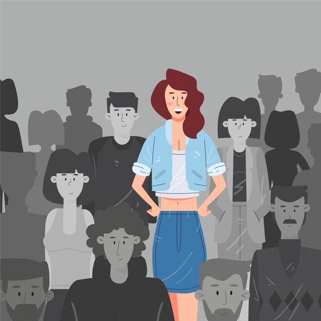 Mujer sonriente en ilustración de multitud