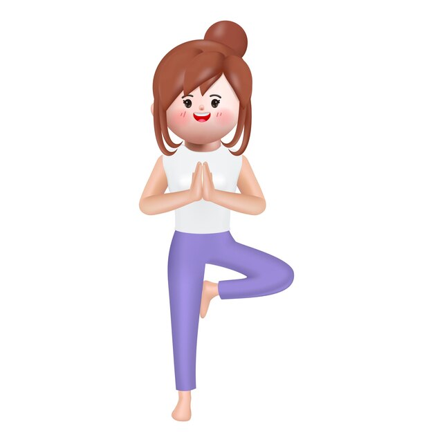 Mujer sonriente joven haciendo pose de árbol de yoga de pie sobre una pierna Meditación de yoga y concepto deportivo